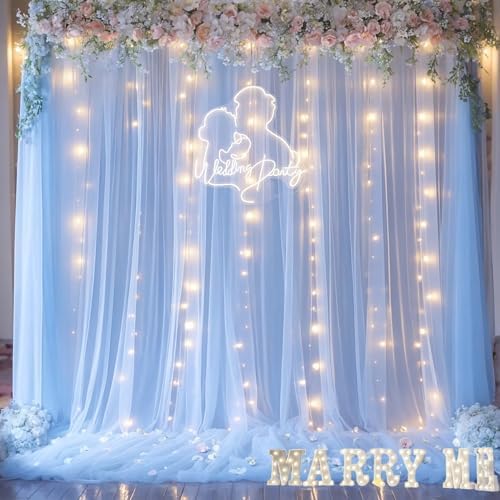 Baby Blue Sheer Tulle Backdrop Curtains with Lights String for Parties Baby Shower Decorations for Boy Bridal, alternate view