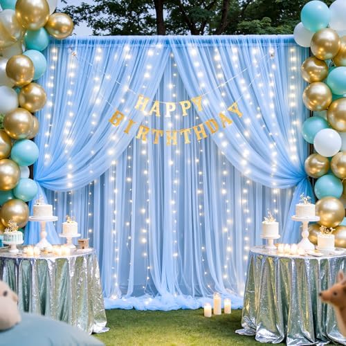 Baby Blue Sheer Tulle Backdrop Curtains with Lights String for Parties Baby Shower Decorations for Boy Bridal, alternate view
