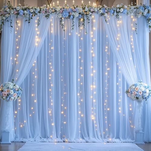 Baby Blue Sheer Tulle Backdrop Curtains with Lights String for Parties Baby Shower Decorations for Boy Bridal, alternate view