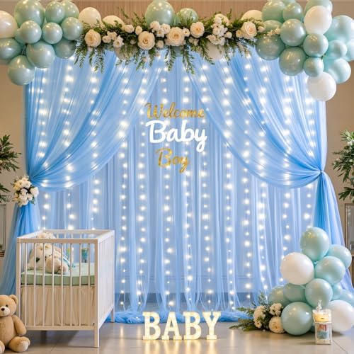 Baby Blue Sheer Tulle Backdrop Curtains with Lights String for Parties Baby Shower Decorations for Boy Bridal, alternate view