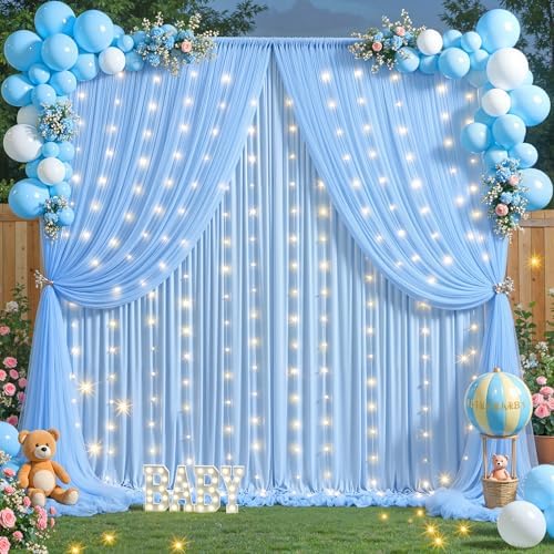 Baby Blue Tulle Backdrop Curtain for Parties Wedding,20ft x 10ft Wrinkle Free Curtain Backdrop,2 Layer Drapes, alternate view