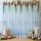 Baby Blue Tulle Backdrop Curtain with String Lights, 10x8ft Sheer Blue Backdrop Curtain for Photography