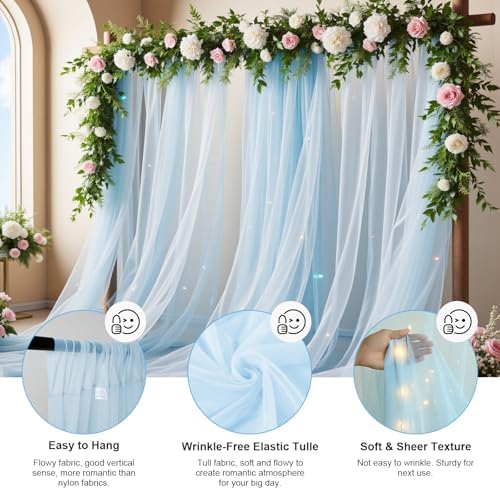 Baby Blue Tulle Backdrop Curtain with String Lights, 10x8ft Sheer Blue Backdrop Curtain for Photography, alternate view 2