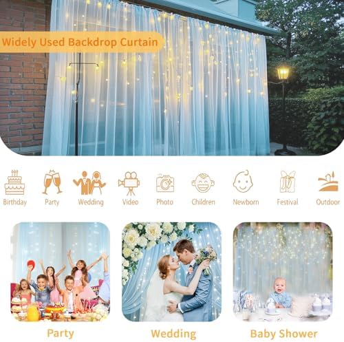 Baby Blue Tulle Backdrop Curtain with String Lights, 10x8ft Sheer Blue Backdrop Curtain for Photography, alternate view 3