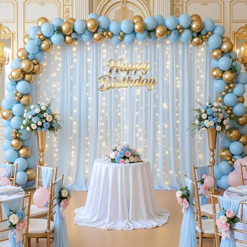 Baby Blue Tulle Backdrop Curtain with String Lights, 10x8ft Sheer Blue Backdrop Curtain for Photography, alternate view 5