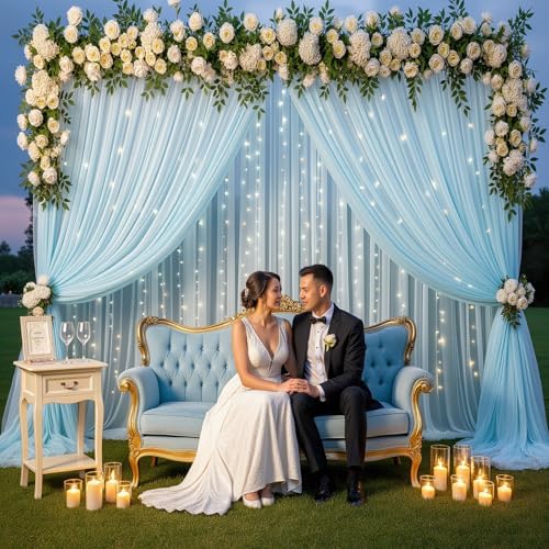 Baby Blue Tulle Backdrop Curtain with String Lights, 10x8ft Sheer Blue Backdrop Curtain for Photography, alternate view 6