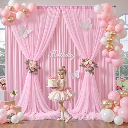 Baby Pink Tulle Backdrop Curtain for Parties Wedding,30ft x 10ft Wrinkle Free Curtain Backdrop,2 Layer Drapes, alternate view