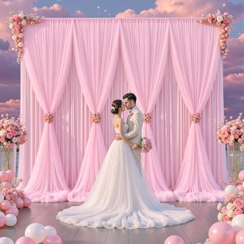 Baby Pink Tulle Backdrop Curtain for Wedding Parties,10ft x 10ft Wrinkle Free Curtain Backdrop,2 Layer Drapes