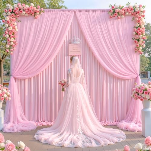 Baby Pink Tulle Backdrop Curtain for Wedding Parties,10ft x 10ft Wrinkle Free Curtain Backdrop,2 Layer Drapes, alternate view