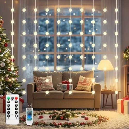 Ball Curtain Lights, Warm White Window Light 70 Balls Hanging Lights with Remote Fairy Led Twinkle String Light