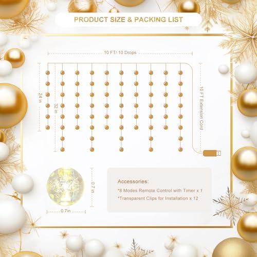 Ball Curtain Lights, Warm White Window Light 70 Balls Hanging Lights with Remote Fairy Led Twinkle String Light, alternate