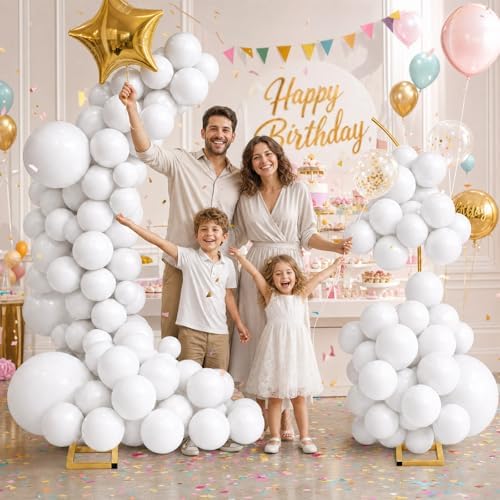 Balloon Arch Stand Kit Set with 145PCS Different Sizes White Balloons - Metal Backdrop Frame with 8 Water Bags, alternate