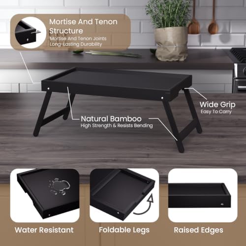 Bamboo Bed Tray Table Set of 2 Folding Breakfast Laptop(Black) in Black, alternate view 4