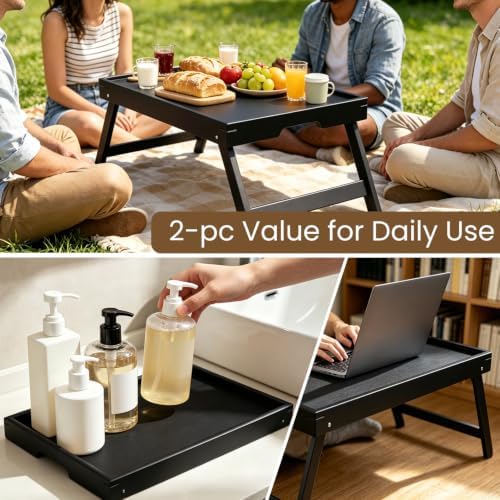 Bamboo Bed Tray Table Set of 2 Folding Breakfast Laptop(Black) in Black, alternate view 6