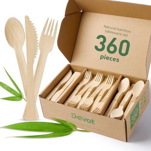 Bamboo Disposable Cutlery Set, 360 Mix(90 Knives,180 Forks,90 Spoons) in Natural Bamboo