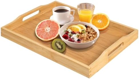 Bamboo Food Serving Tray with Handles, Breakfast Bed Tray (Beige) in Beige