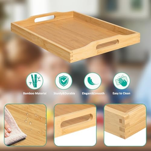 Bamboo Food Serving Tray with Handles, Breakfast Bed Tray (Beige) in Beige, alternate view 4