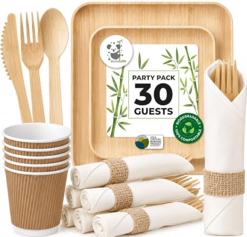 Bamboo Plates & Pre-Rolled Bamboo Cutlery Party Set- Compostable Plates Elegant Pre-Rolled Utensils, Napkin