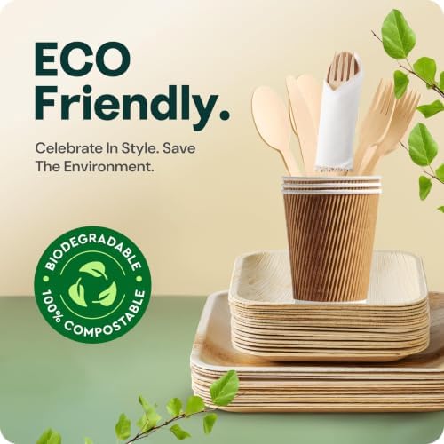 Bamboo Plates & Pre-Rolled Bamboo Cutlery Party Set- Compostable Plates Elegant Pre-Rolled Utensils, Napkin, alternate view 2
