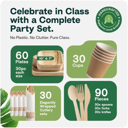 Bamboo Plates & Pre-Rolled Bamboo Cutlery Party Set- Compostable Plates Elegant Pre-Rolled Utensils, Napkin, alternate view 3