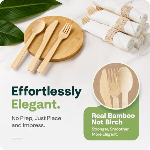 Bamboo Plates & Pre-Rolled Bamboo Cutlery Party Set- Compostable Plates Elegant Pre-Rolled Utensils, Napkin, alternate view 4