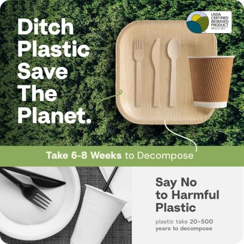 Bamboo Plates & Pre-Rolled Bamboo Cutlery Party Set- Compostable Plates Elegant Pre-Rolled Utensils, Napkin, alternate view 5