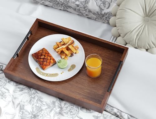 Bamboo Serving Trays with Metal Handles, Large(Brown) in Brown, alternate view 2