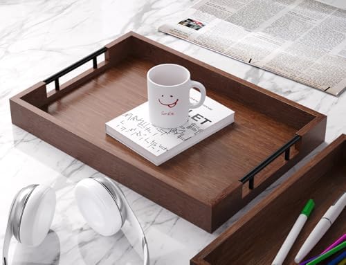 Bamboo Serving Trays with Metal Handles, Large(Brown) in Brown, alternate view 5
