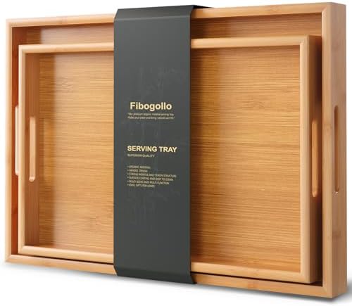 Bamboo Set of 2 Serving Tray with Handles, Decorative Trays Platter, Breakfast Tray in Bed, Food Drinks Tray for