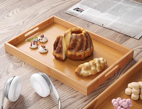 Bamboo Set of 2 Serving Tray with Handles, Decorative Trays Platter, Breakfast Tray in Bed, Food Drinks Tray for, alternate