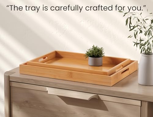 Bamboo Set of 2 Serving Tray with Handles, Decorative Trays Platter, Breakfast Tray in Bed, Food Drinks Tray for, alternate
