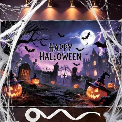 Banner 7×5ft with Stretchy Spider Web Happy Backdrop in 7x5 Ft in Banner
