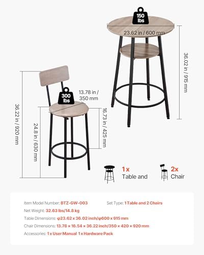 Bar Table and Chairs Set, 3PCS 23.5′′ Bars Tables Set with Rounded Corner Design, Round Pub Table with Two, alternate view 3