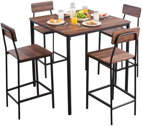 Bar Table and Chairs Set, 5PCS 35′′ Bars Tables Set with Rounded Edge Design, Square Pub Table with Four Stools