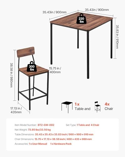 Bar Table and Chairs Set, 5PCS 35′′ Bars Tables Set with Rounded Edge Design, Square Pub Table with Four Stools, alternate