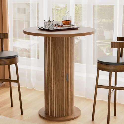 Bar Table with Storage and Sliding Door, 39.4” H 31.5” W Small Round Kitchen Table, Home Bar High Top Cocktail