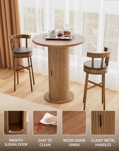Bar Table with Storage and Sliding Door, 39.4” H 31.5” W Small Round Kitchen Table, Home Bar High Top Cocktail, alternate