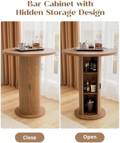 Bar Table with Storage and Sliding Door, 39.4” H 31.5” W Small Round Kitchen Table, Home Bar High Top Cocktail, alternate