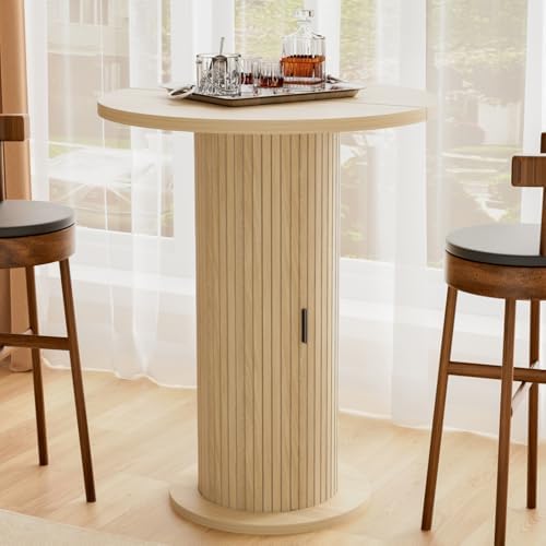 Bar Table with Storage and Sliding Door, 39.4” H 31.5” W Small Round Kitchen Table, Home Bar High Top Cocktail