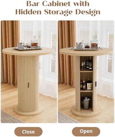 Bar Table with Storage and Sliding Door, 39.4” H 31.5” W Small Round Kitchen Table, Home Bar High Top Cocktail, alternate