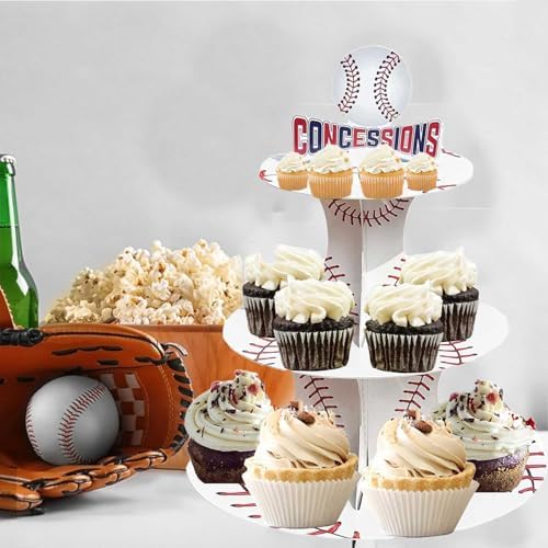 Baseball Cupcake Stand - 3 Tiered Dessert Cake Table Display - Birthday Party Decorations - Rookie Year 1st, alternate view 2