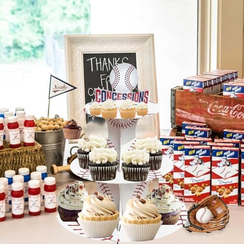 Baseball Cupcake Stand - 3 Tiered Dessert Cake Table Display - Birthday Party Decorations - Rookie Year 1st, alternate view 5