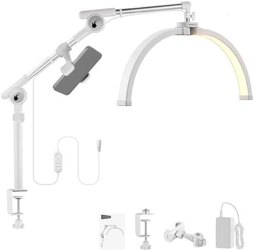 Basics 22" Half Moon Lash Light with Articulating Desk Clamp Mount Stand/Phone Holder, 32W Foldable LED Nail