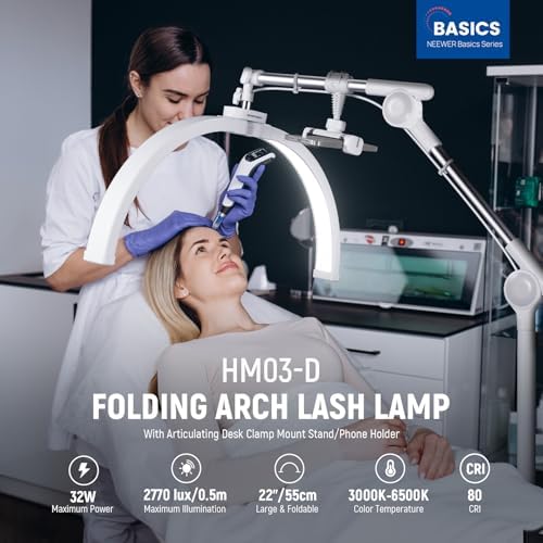 Basics 22" Half Moon Lash Light with Articulating Desk Clamp Mount Stand/Phone Holder, 32W Foldable LED Nail, alternate view