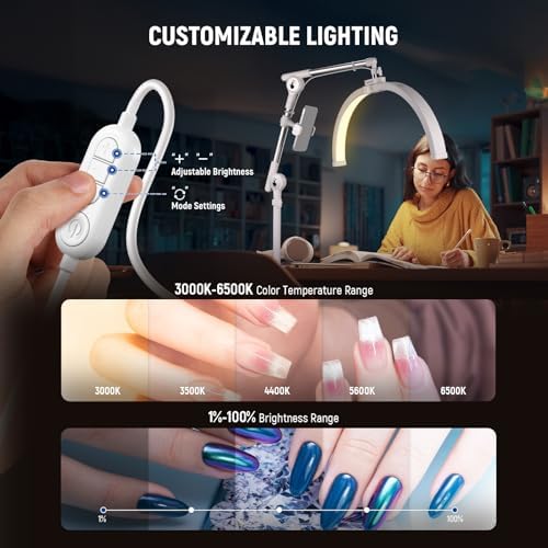 Basics 22" Half Moon Lash Light with Articulating Desk Clamp Mount Stand/Phone Holder, 32W Foldable LED Nail, alternate view