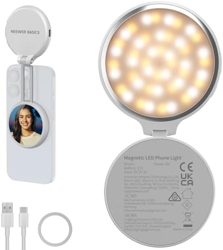 Basics Magnetic LED Selfie Light Compatible with MagSafe iPhone, Desk Stand Phone Holder with Makeup Mirror