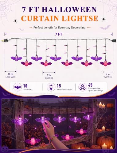 Bat Curtain Lights,7 FT Plug In Purple LED Outdoor Decorations in Purple Bat Curtain Light, alternate view 4
