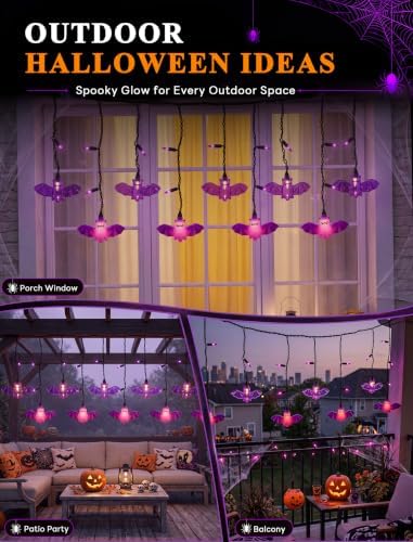 Bat Curtain Lights,7 FT Plug In Purple LED Outdoor Decorations in Purple Bat Curtain Light, alternate view 6