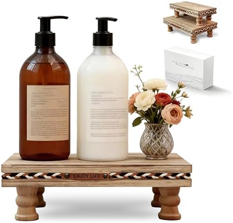 Bathroom Tray Pedestal Stand, Waterproof Wood Riser for Bathroom Counter in Rustic