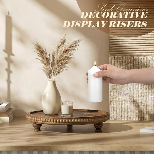 Beaded Acacia Wood Round Display Riser for Boho Kitchen Decor, Brown in Acacia, alternate view 3